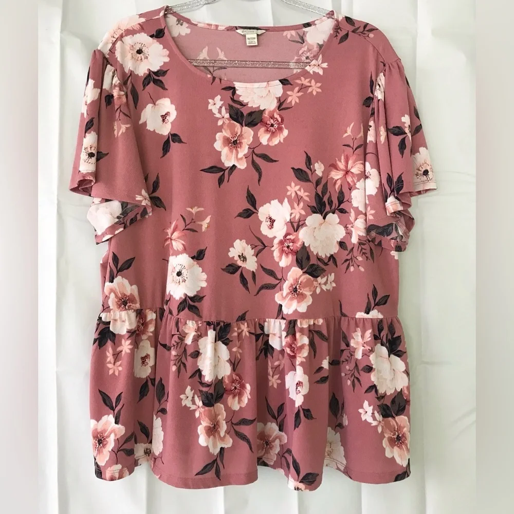 Est.1946 Pink & White Floral Baby Doll Hem Blouse Womens Size 18/20W